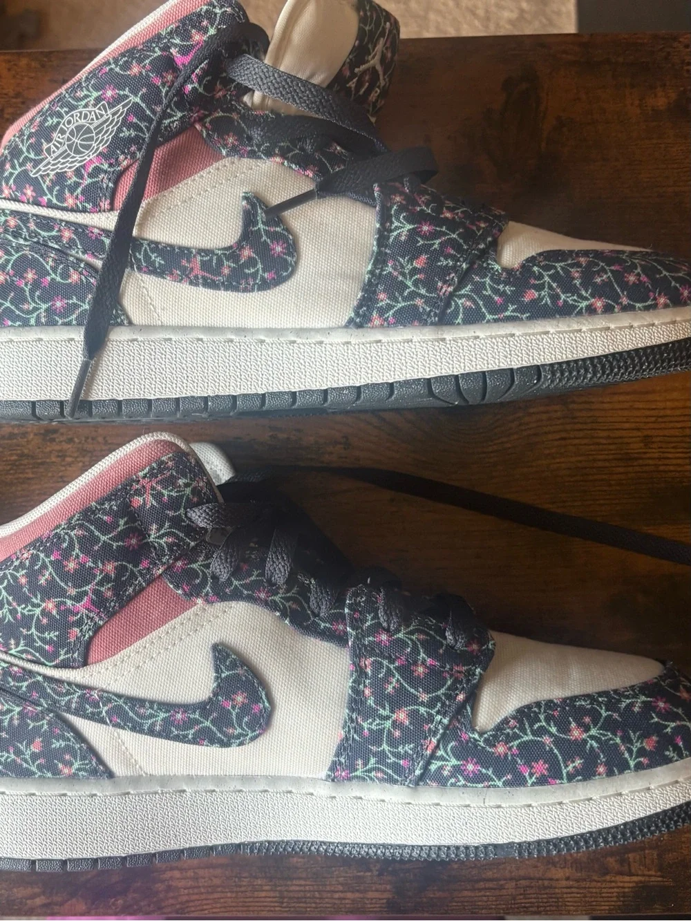 Air Jordan 1 Mid SE Floral Pattern Sneakers — Cream & Navy with Pink Accents